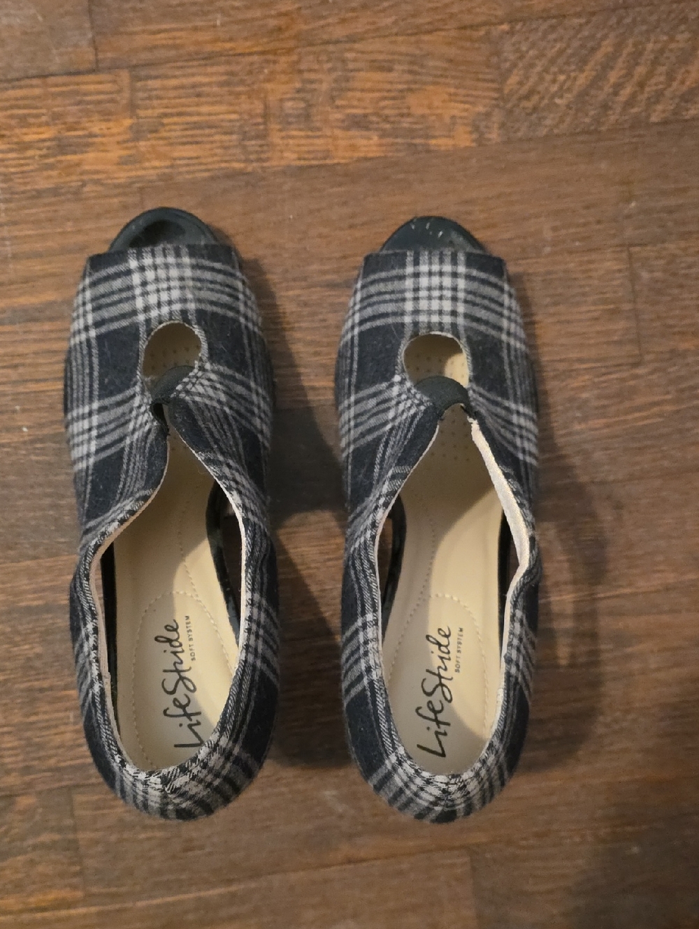 Life Stride Women's Black and White Plaid Peep-Toe Wedges